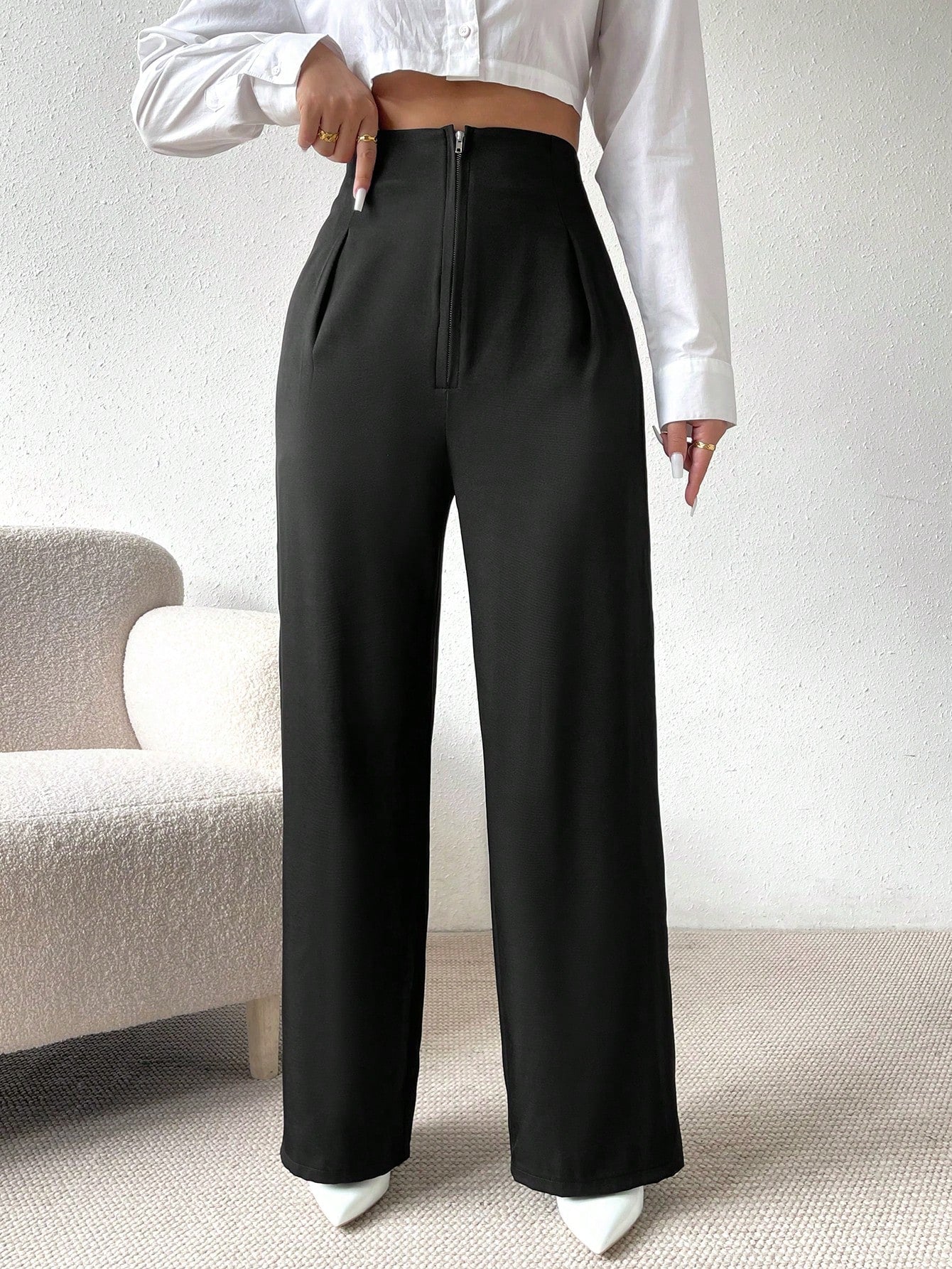 High Waist Fold Pleated Straight Leg Pants