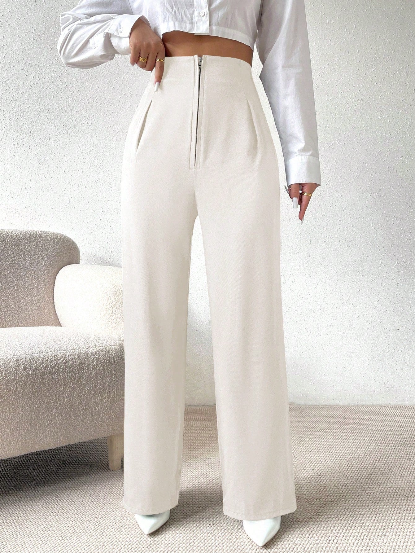 High Waist Fold Pleated Straight Leg Pants - Image 10