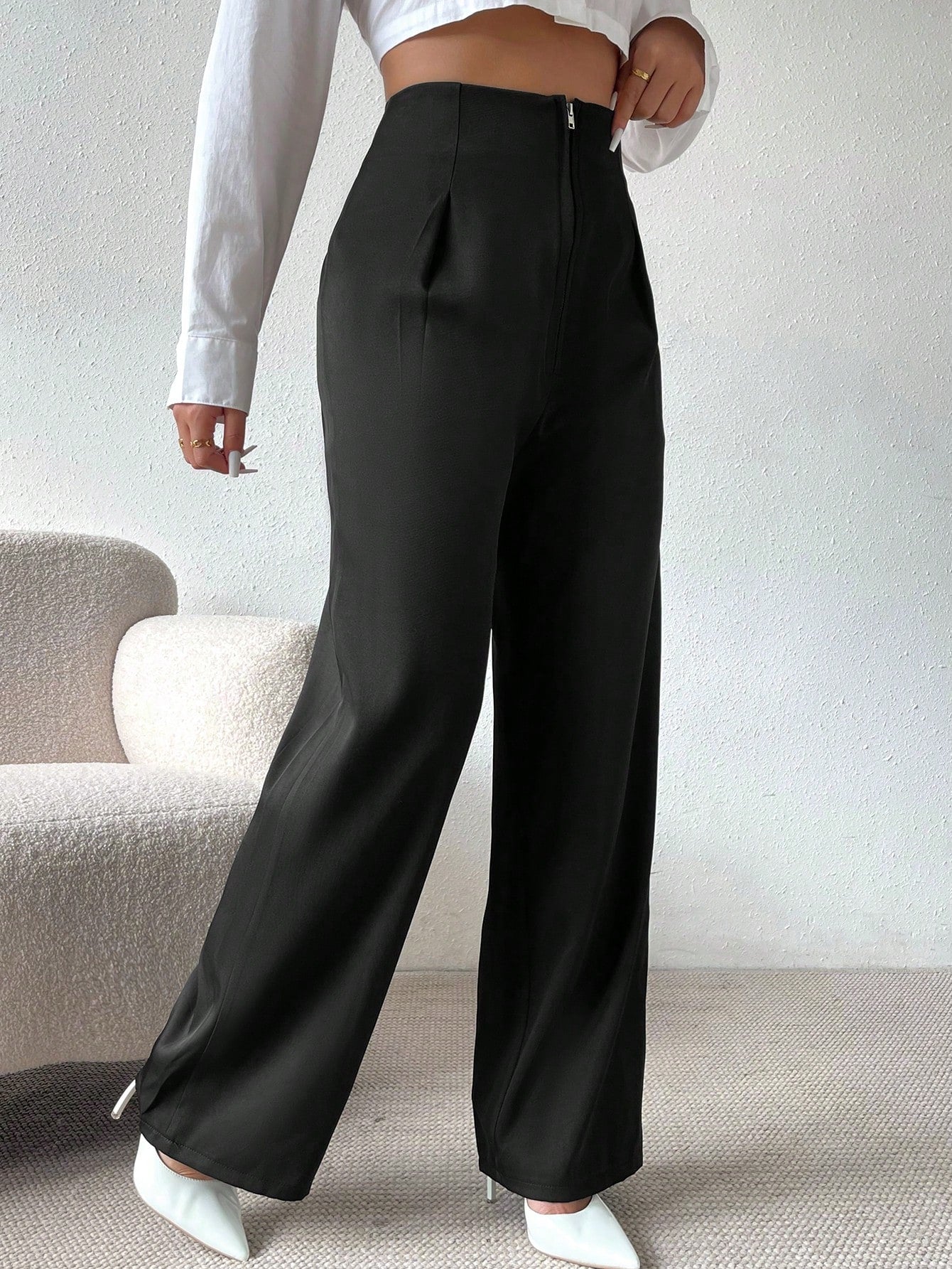 High Waist Fold Pleated Straight Leg Pants - Image 5