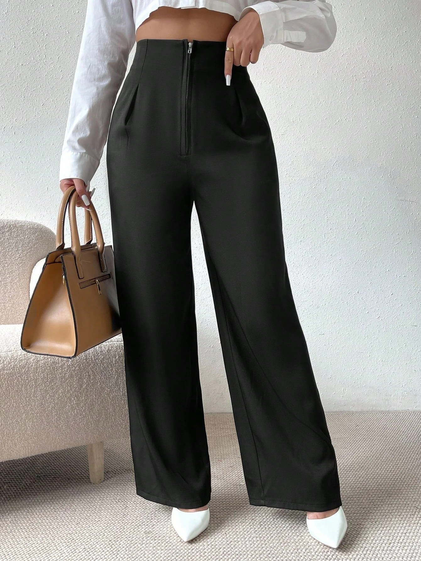 High Waist Fold Pleated Straight Leg Pants - Image 7