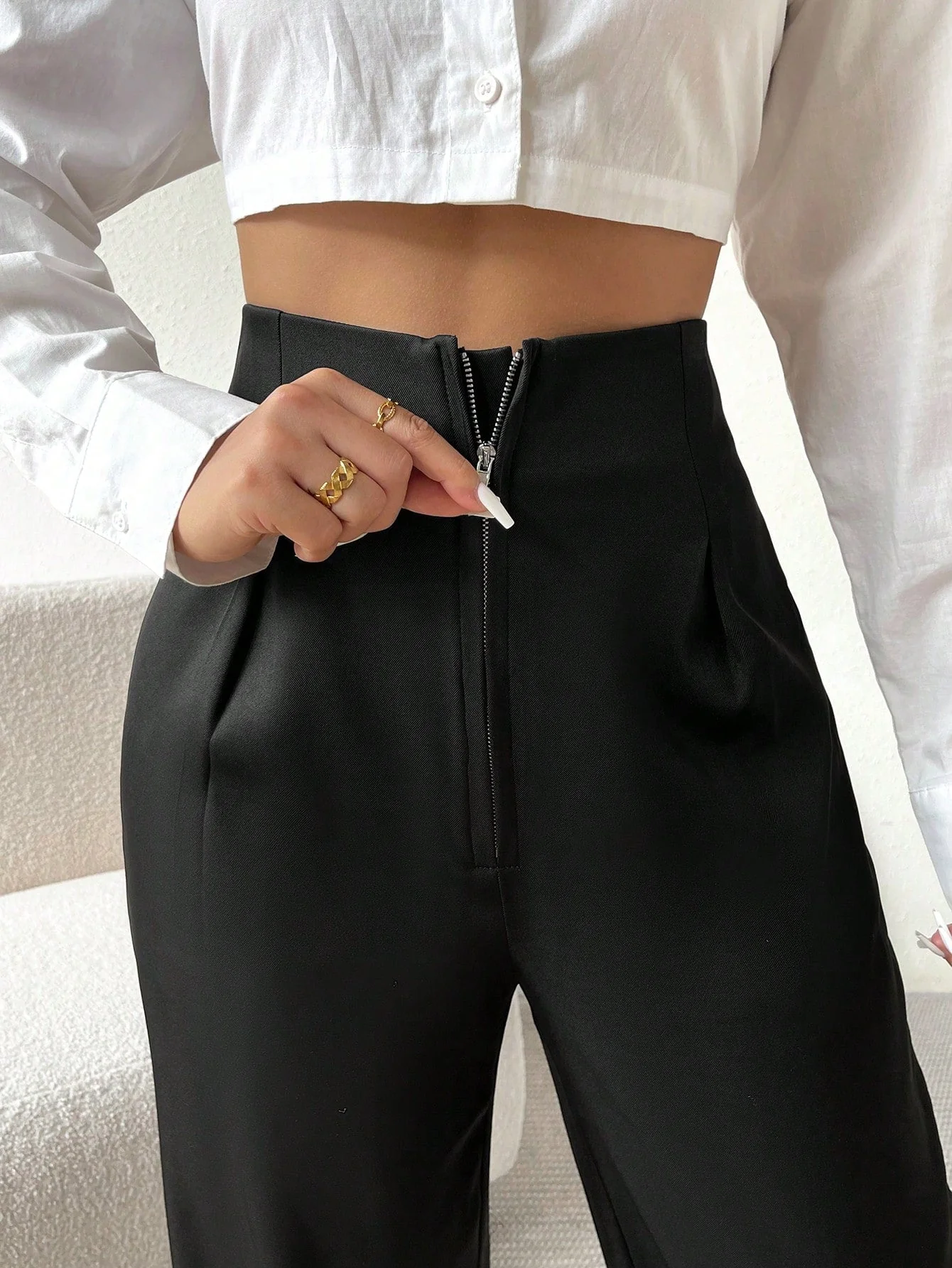 High Waist Fold Pleated Straight Leg Pants - Image 8