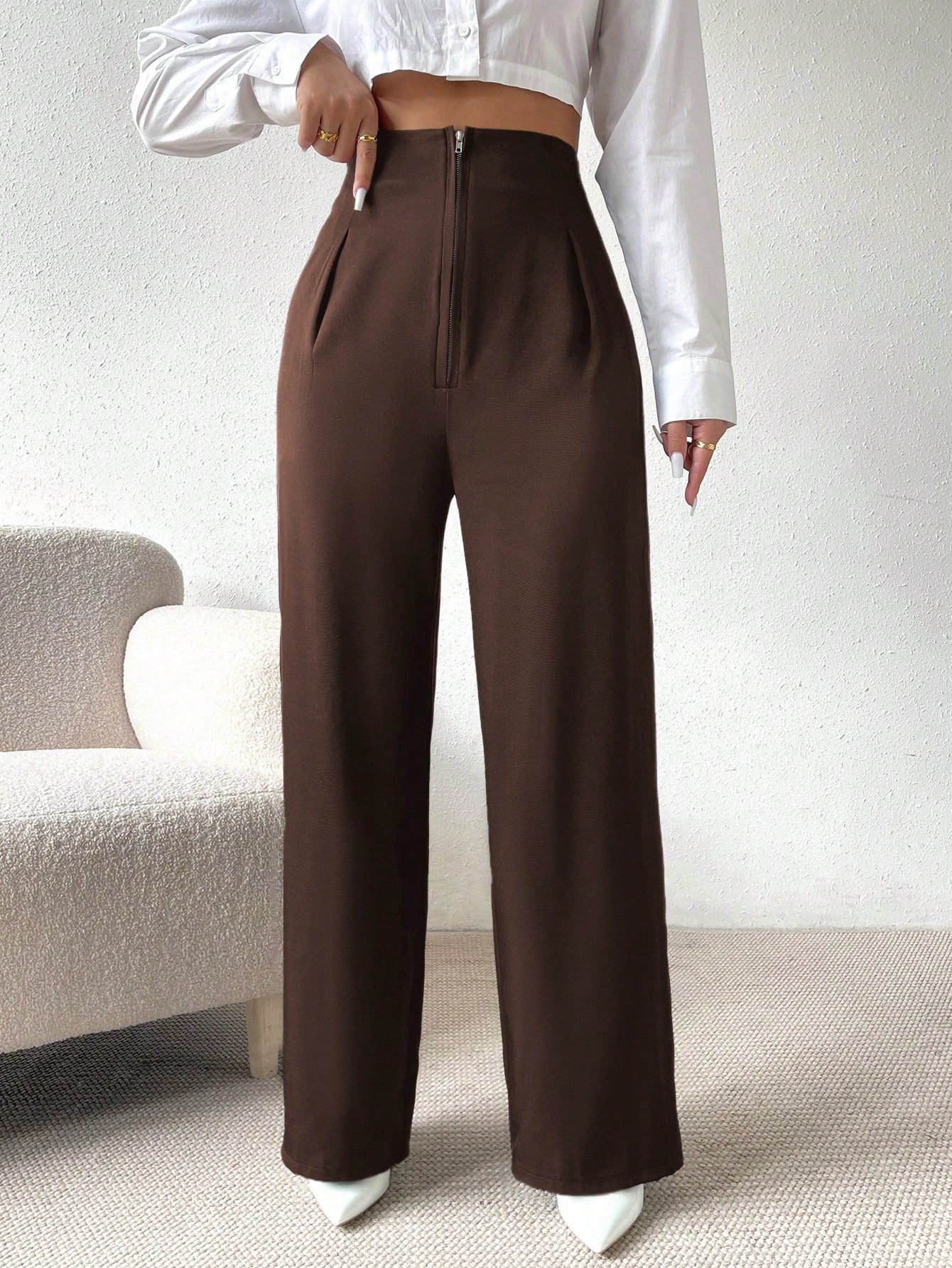 High Waist Fold Pleated Straight Leg Pants - Image 9
