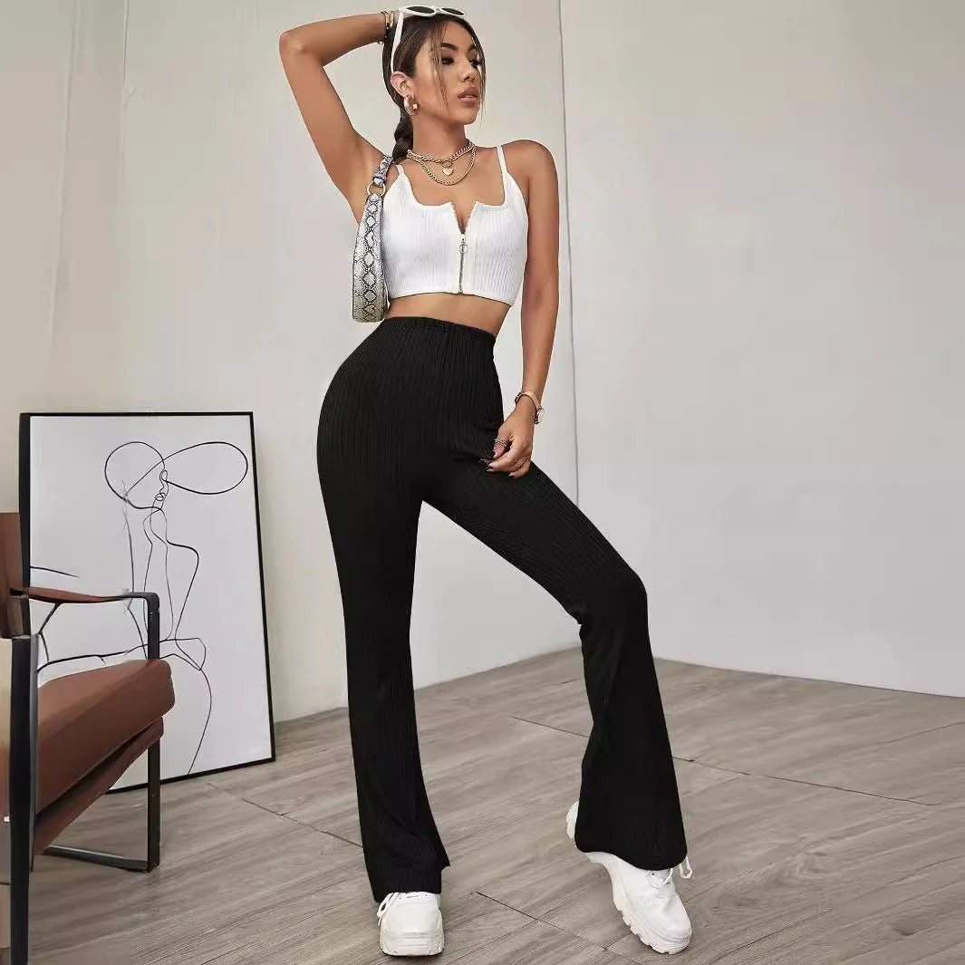 High Waist Slimming Beltless Flared Knitted Casual Pants Women - Image 4