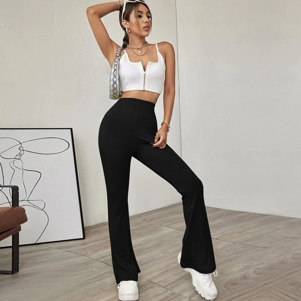High Waist Slimming Beltless Flared Knitted Casual Pants Women - Image 9