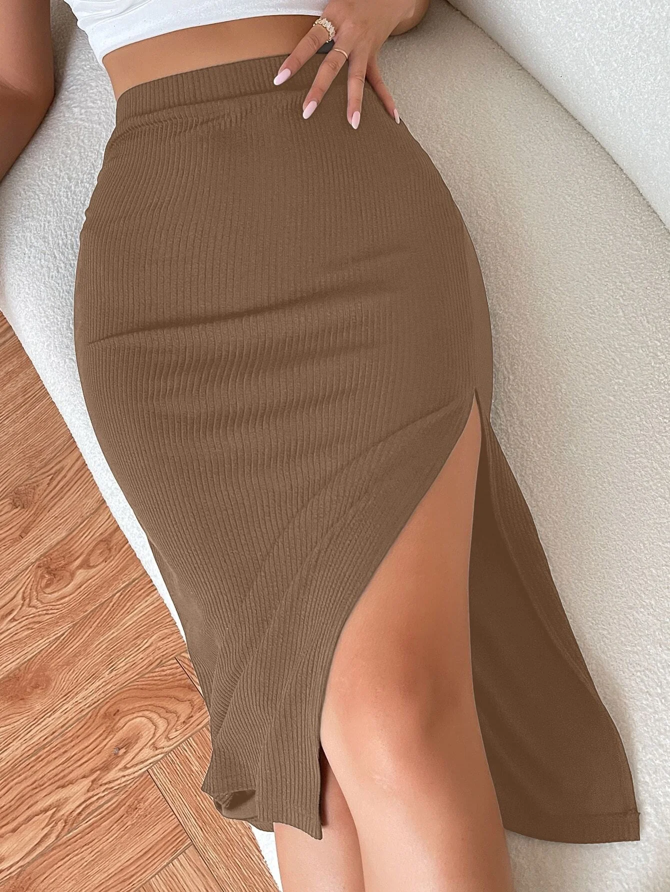 High Waist Solid Ribbed Knit Slit Skirt - Image 2