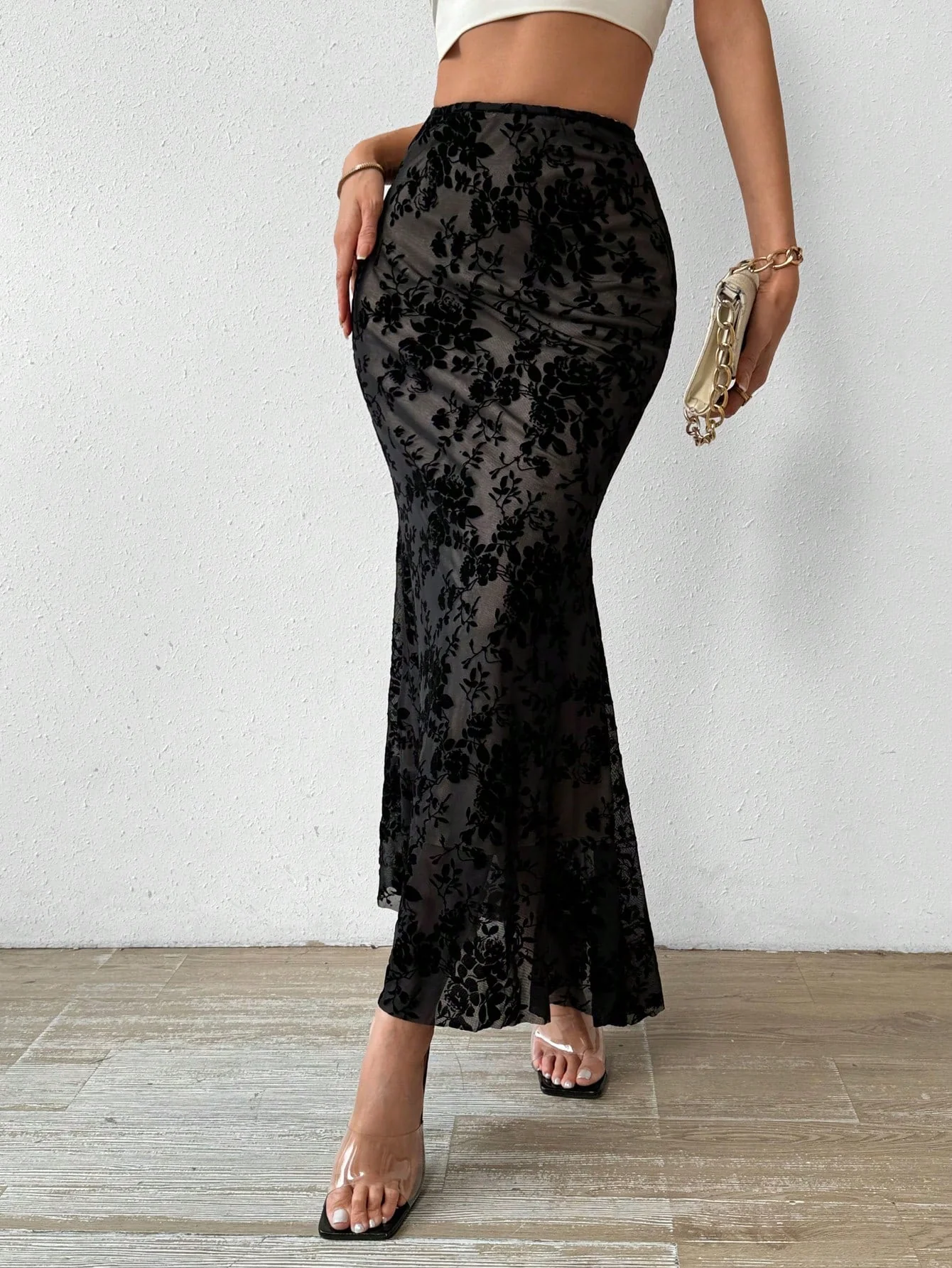 High-Waisted Floral Flocking Mesh Maxi Mermaid Skirt - Image 5