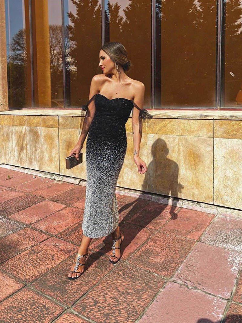 High-waisted V-neck sequined evening dress with raglan sleeves, long dress for banquets, parties, and cocktail parties FD