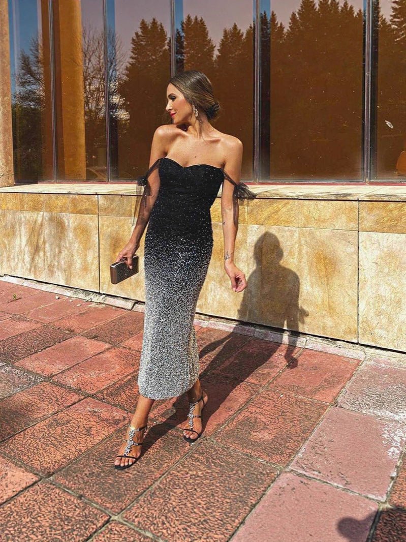 High-waisted V-neck sequined evening dress with raglan sleeves, long dress for banquets, parties, and cocktail parties FD - Image 5
