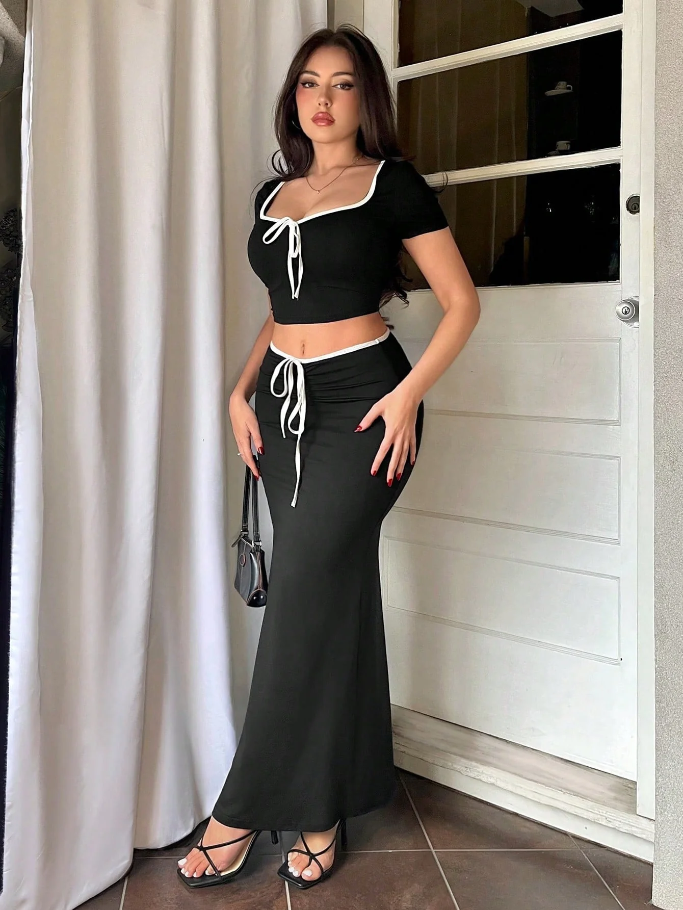 Holiday Bow-Tie Strap Short Sleeve Top & Fish Tail Skirt Outfit - Image 4