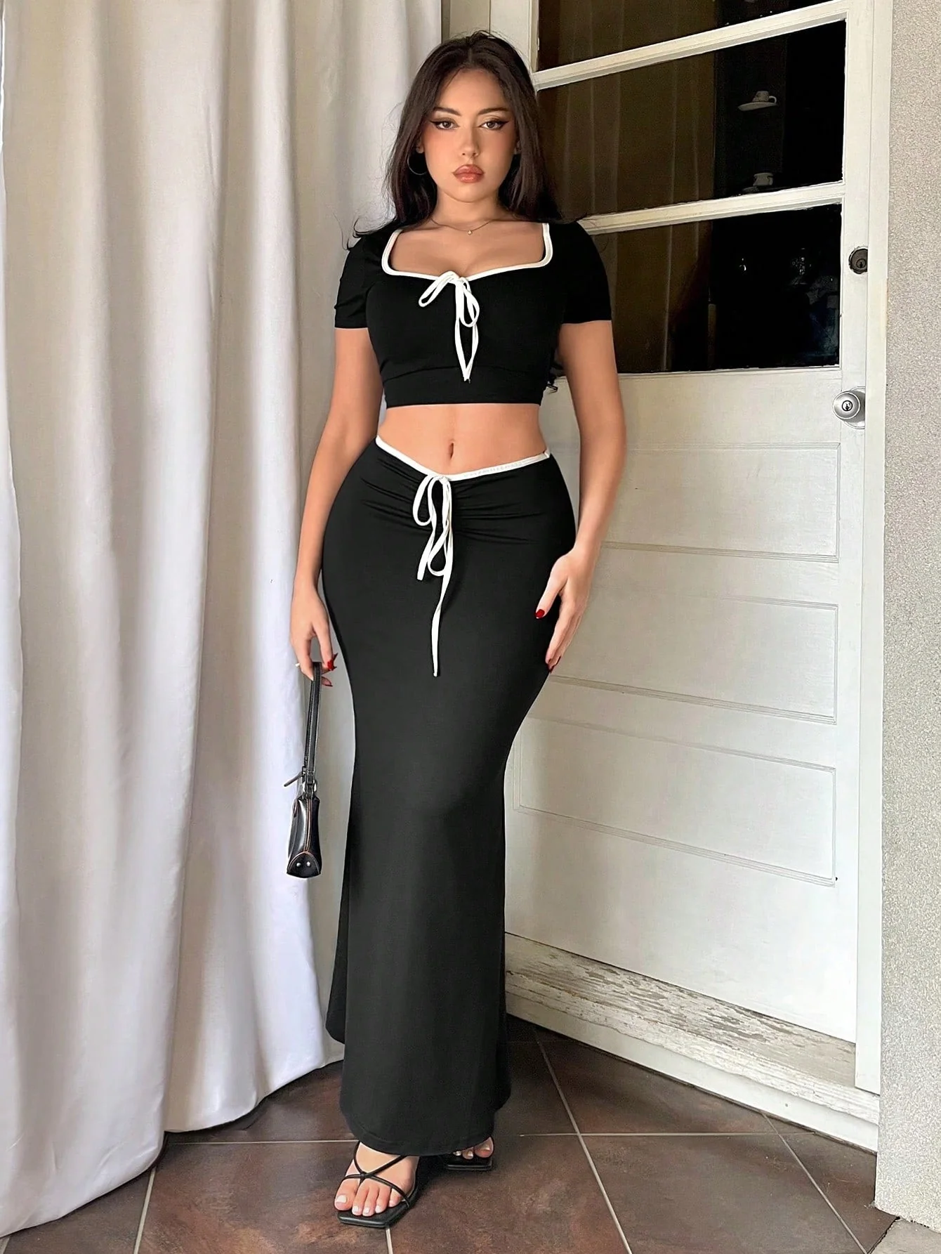 Holiday Bow-Tie Strap Short Sleeve Top & Fish Tail Skirt Outfit - Image 5