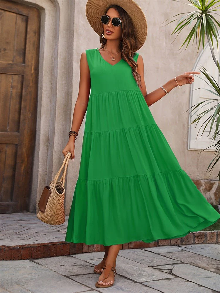 Holiday solid color V-neck layered stitching hem loose dress FD - Image 10