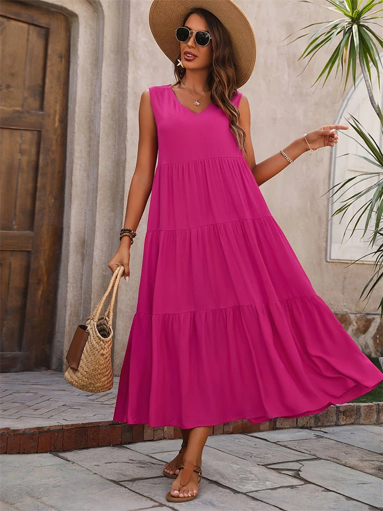 Holiday solid color V-neck layered stitching hem loose dress FD - Image 2