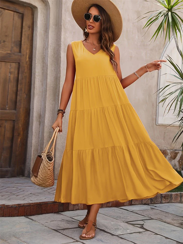 Holiday solid color V-neck layered stitching hem loose dress FD - Image 6