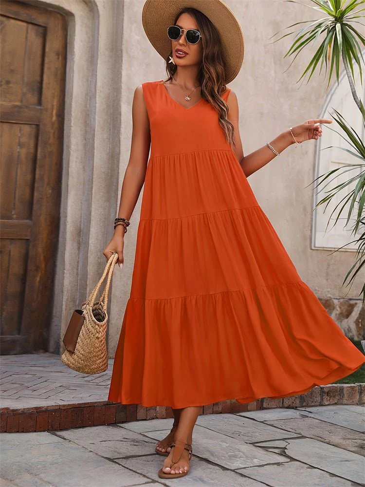 Holiday solid color V-neck layered stitching hem loose dress FD - Image 7