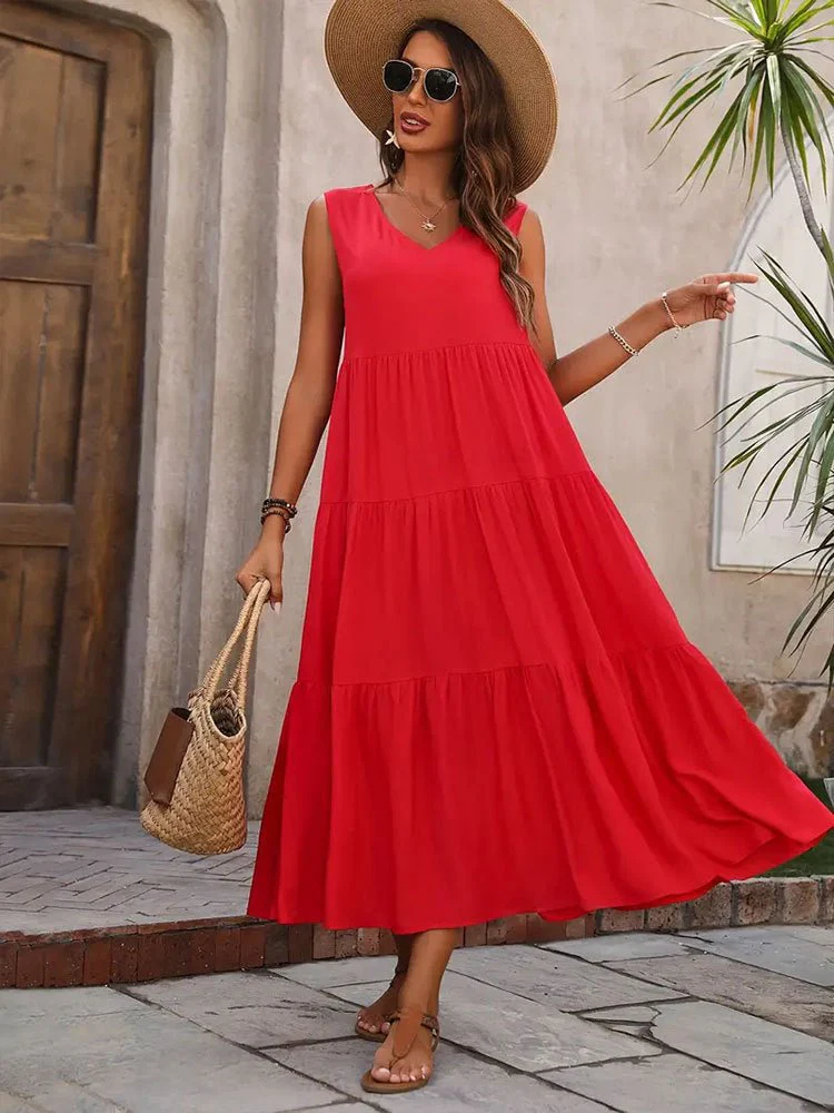 Holiday solid color V-neck layered stitching hem loose dress FD - Image 8