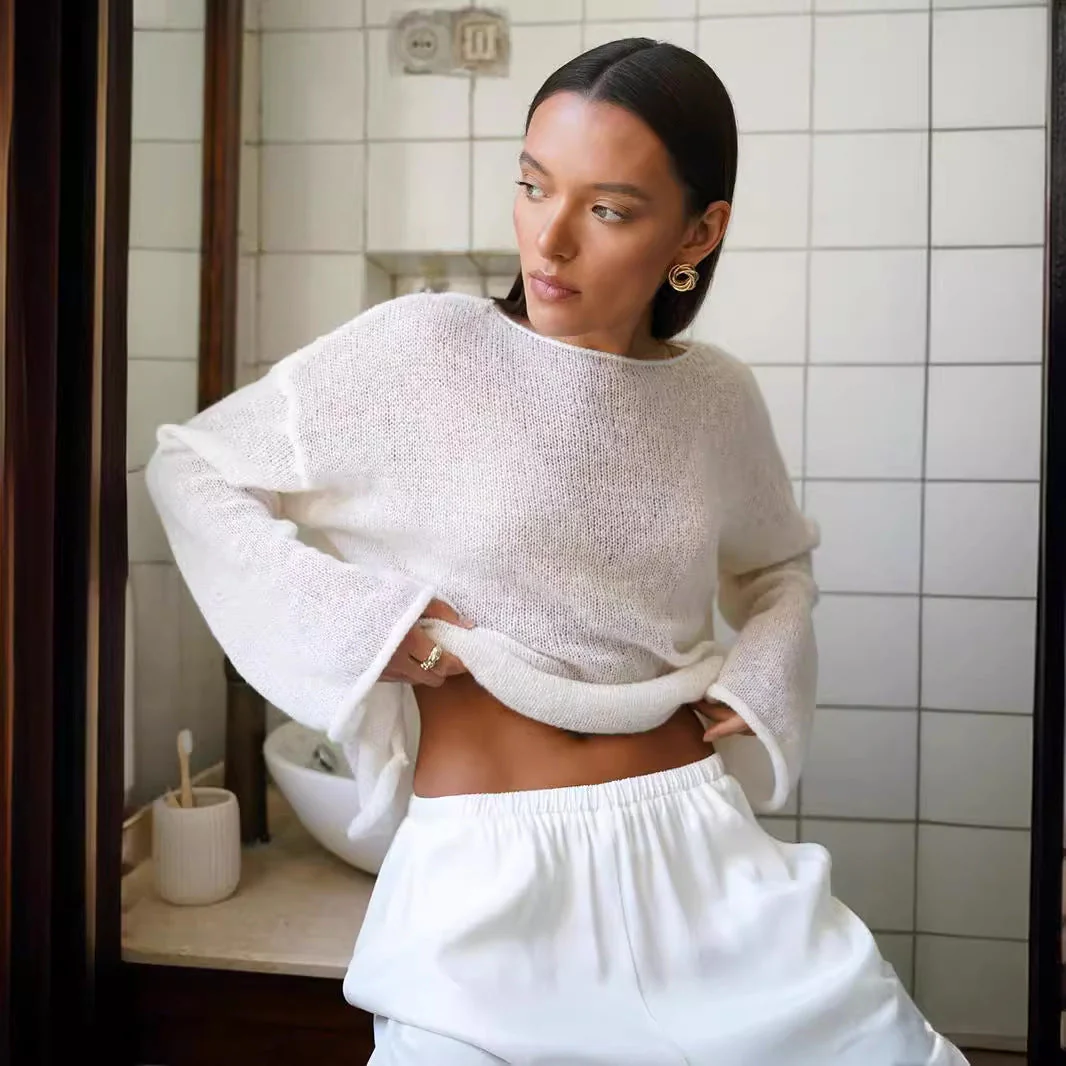 Hollow Charm | Horn Sleeve Hollow-Out Knitted Pullover Top FD