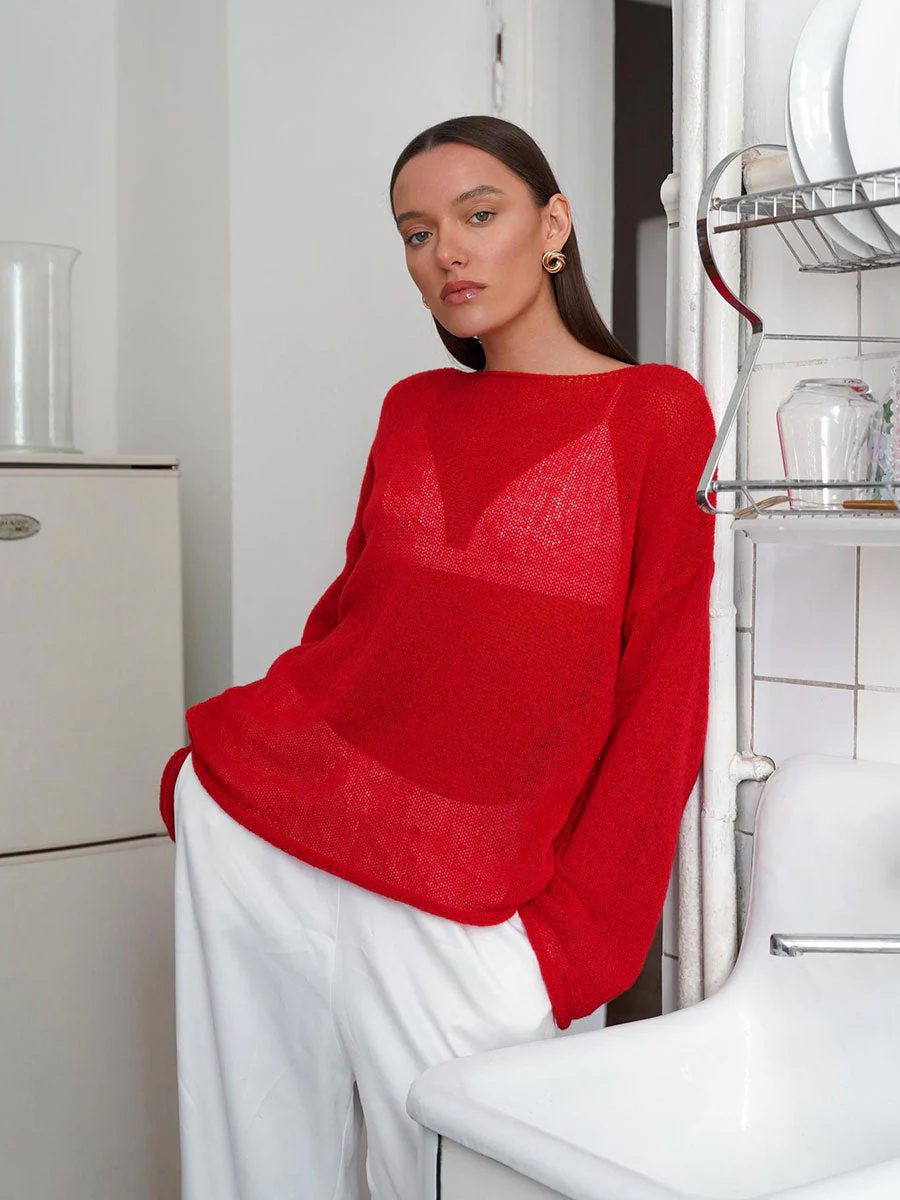 Hollow Charm | Horn Sleeve Hollow-Out Knitted Pullover Top FD - Image 10