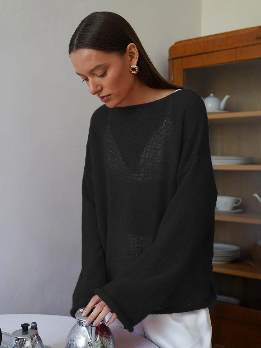 Hollow Charm | Horn Sleeve Hollow-Out Knitted Pullover Top FD - Image 12