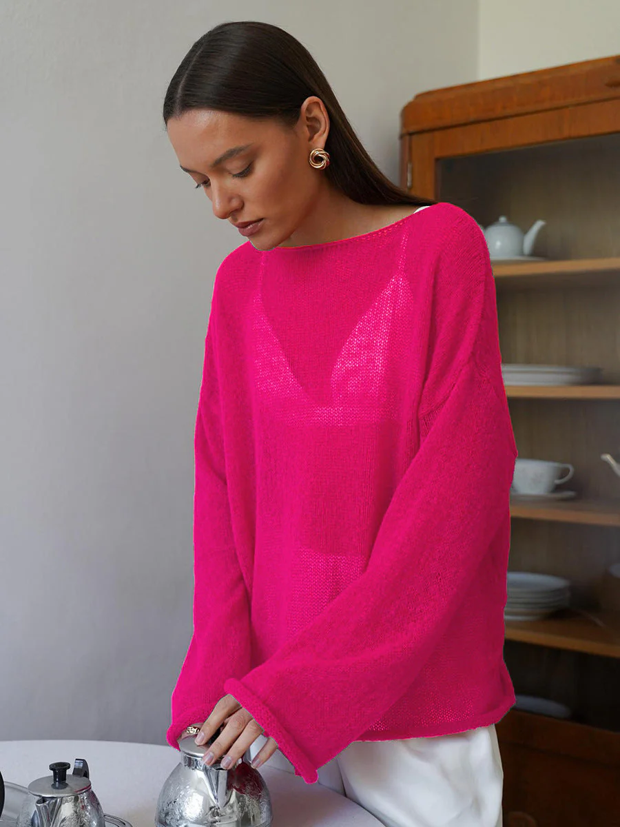 Hollow Charm | Horn Sleeve Hollow-Out Knitted Pullover Top FD - Image 13