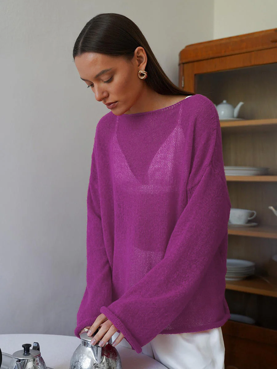Hollow Charm | Horn Sleeve Hollow-Out Knitted Pullover Top FD - Image 15