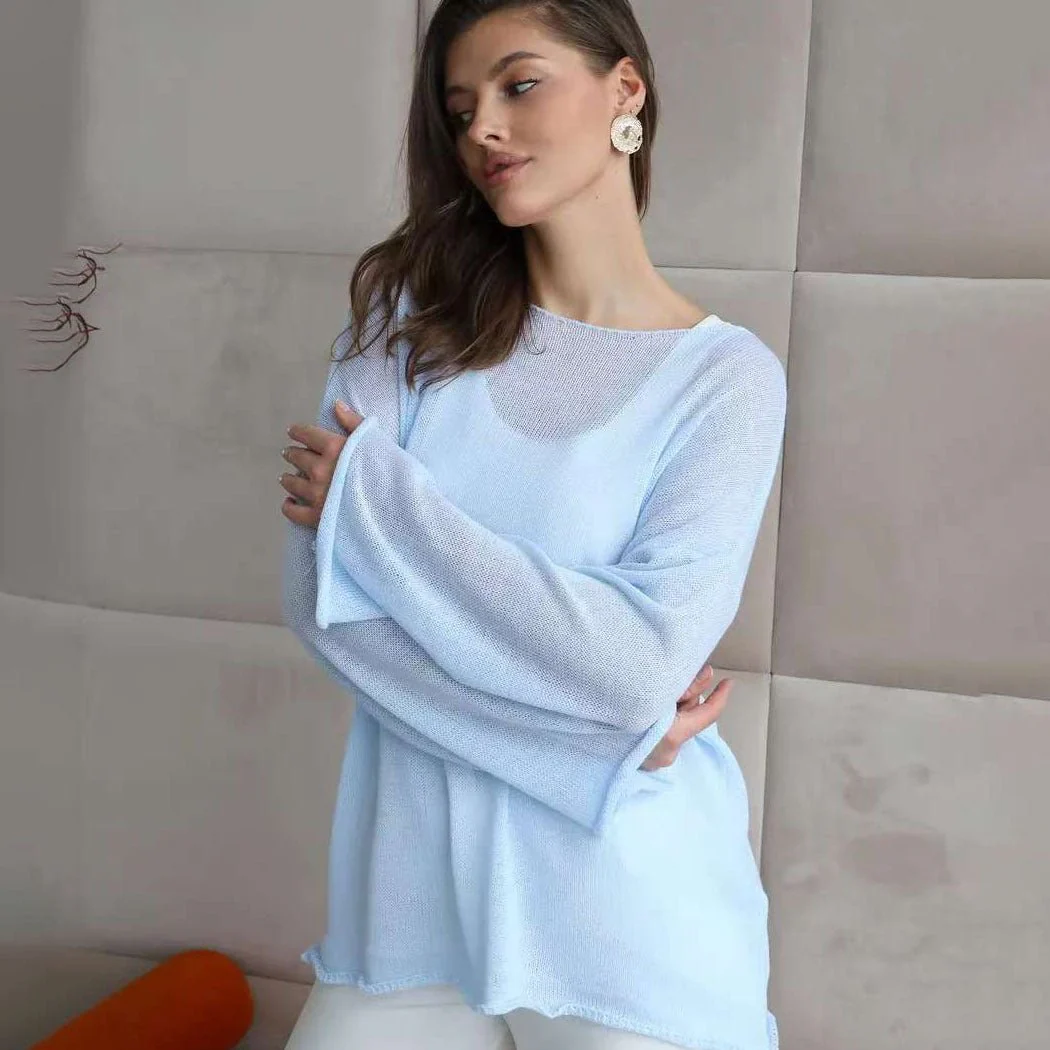 Hollow Charm | Horn Sleeve Hollow-Out Knitted Pullover Top FD - Image 17