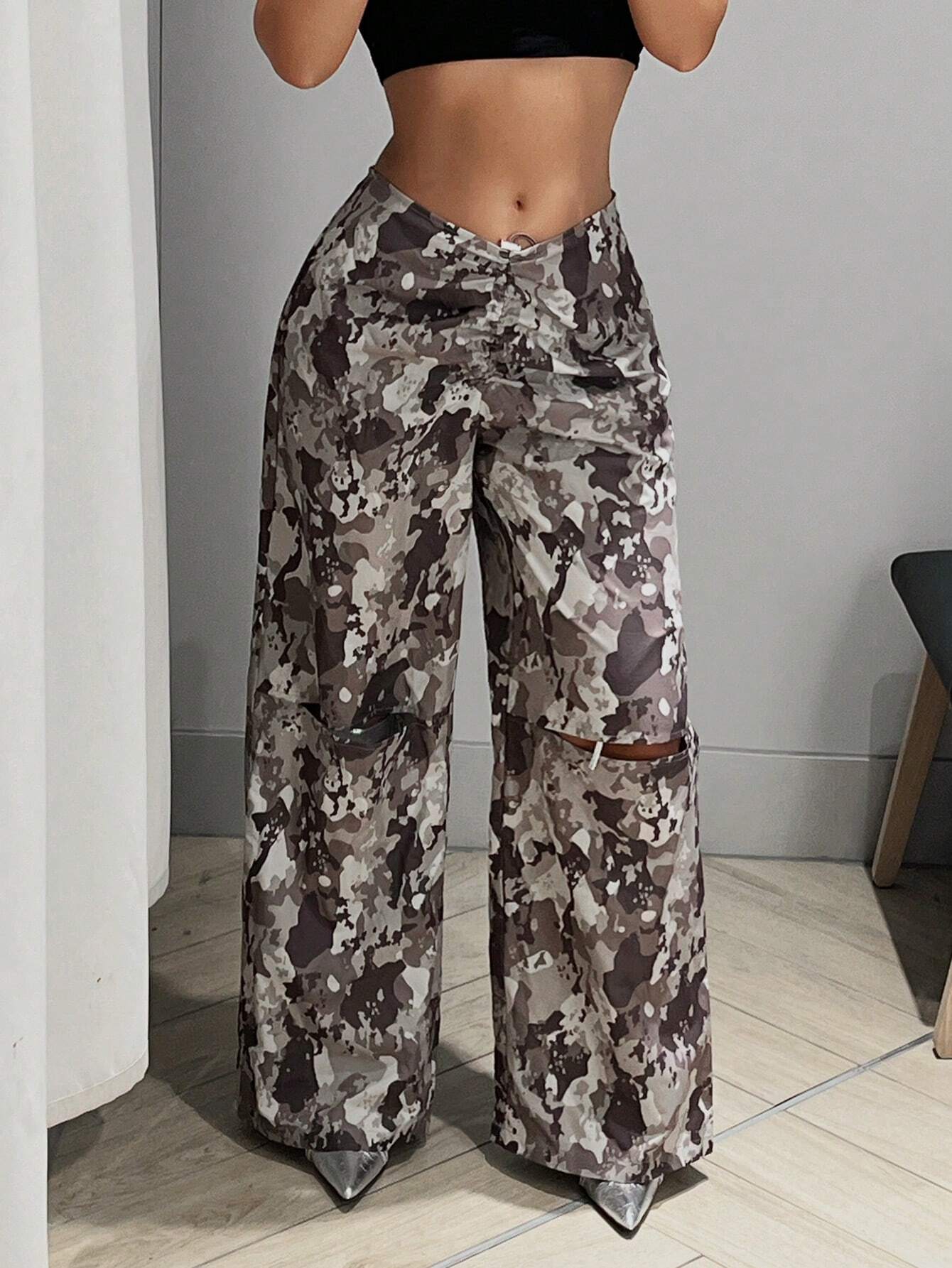 ICON Camo Print Drawstring Ruched Wide Leg Pants - Image 13
