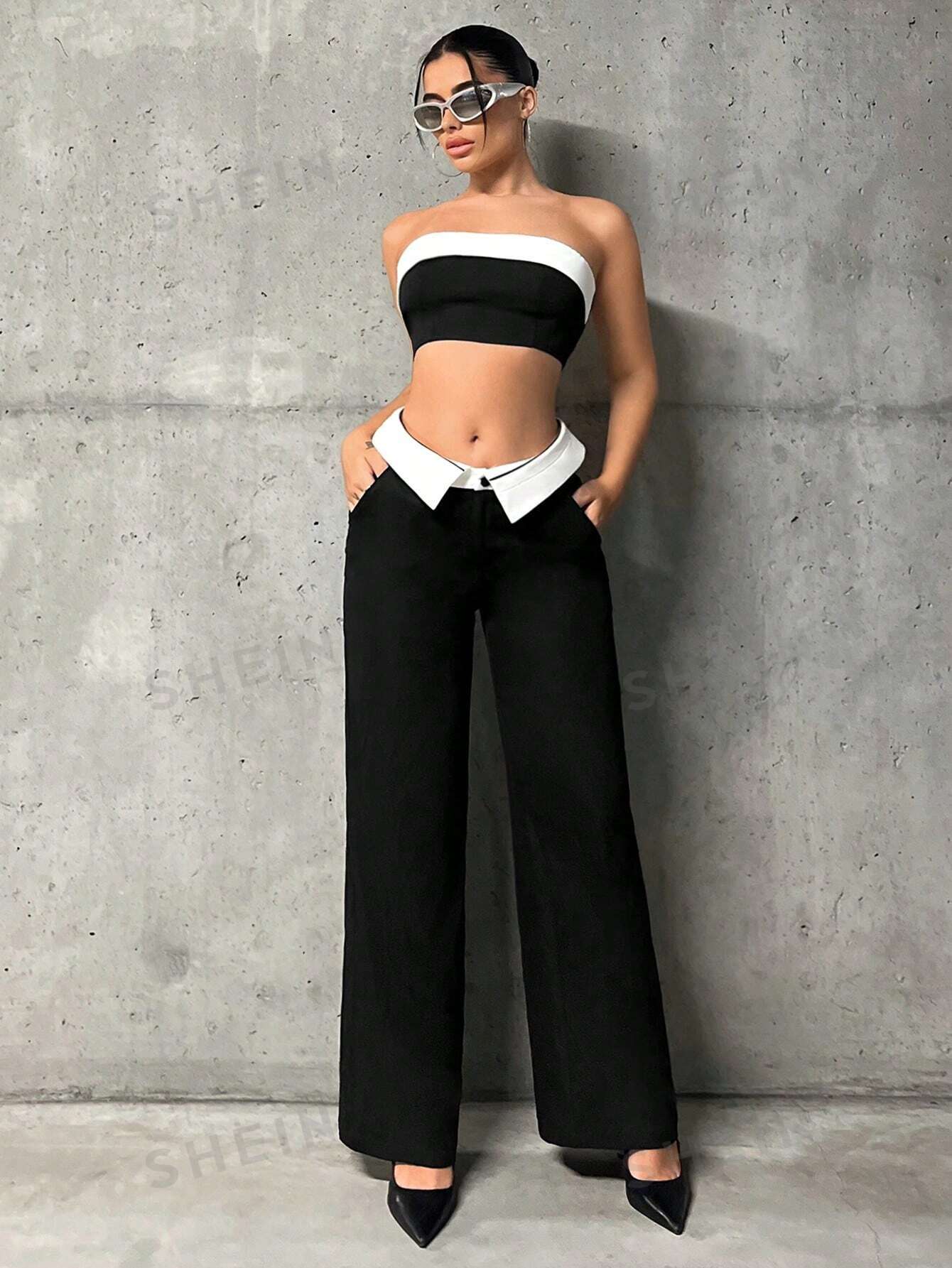 ICON Contrast Panel Tube Top & Wide Leg Pants - Image 2