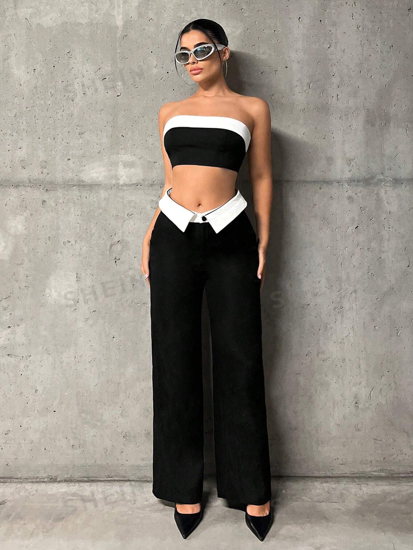 ICON Contrast Panel Tube Top & Wide Leg Pants - Image 7