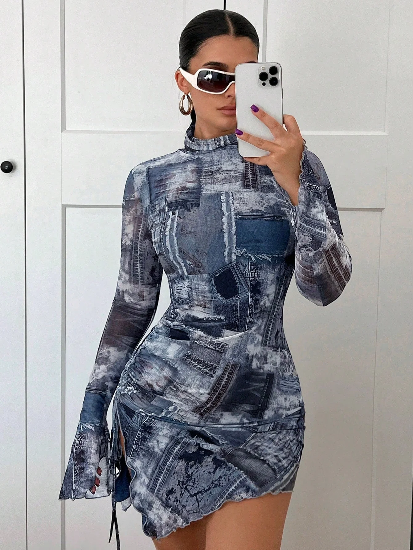 ICON Denim-Effect Print Mock Neck Drawstring Side Flounce Sleeve Mesh Bodycon Mini Dress