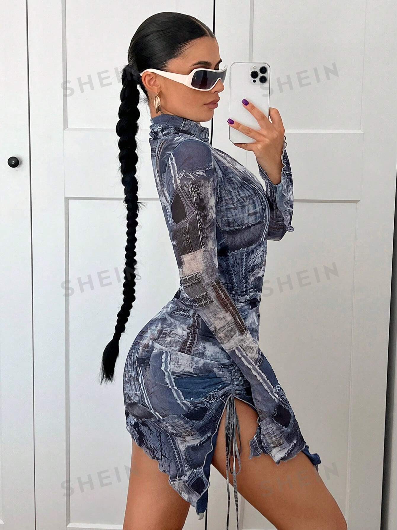 ICON Denim-Effect Print Mock Neck Drawstring Side Flounce Sleeve Mesh Bodycon Mini Dress - Image 6