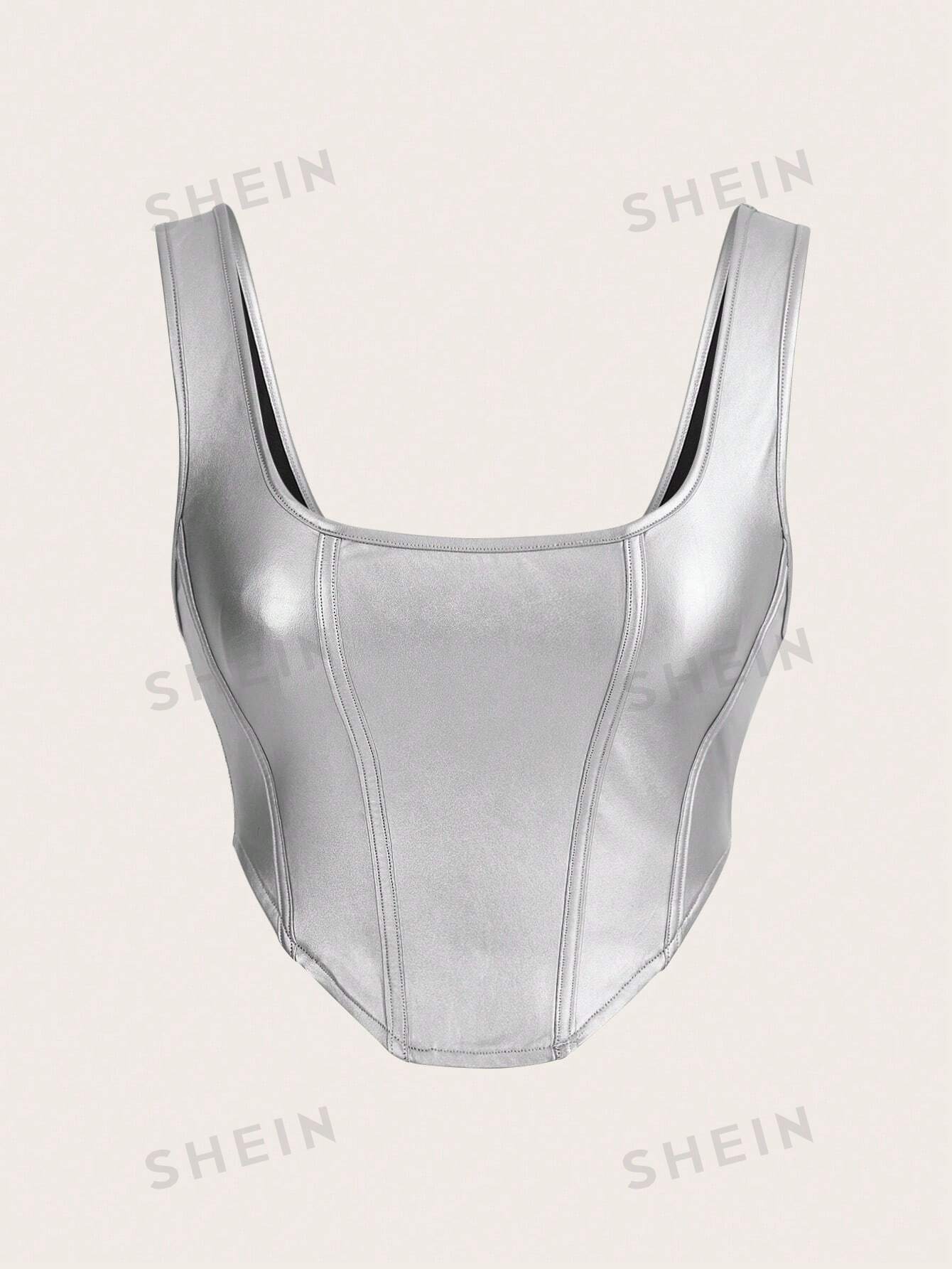 ICON Solid Asymmetrical Hem PU Leather Tank Silver Top - Image 3