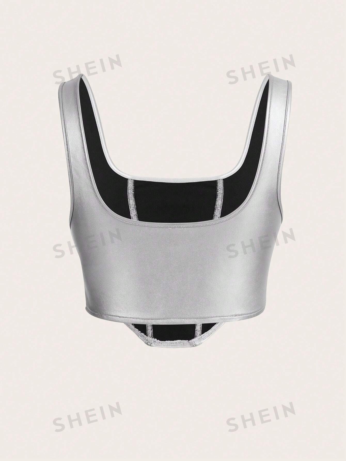 ICON Solid Asymmetrical Hem PU Leather Tank Silver Top - Image 4
