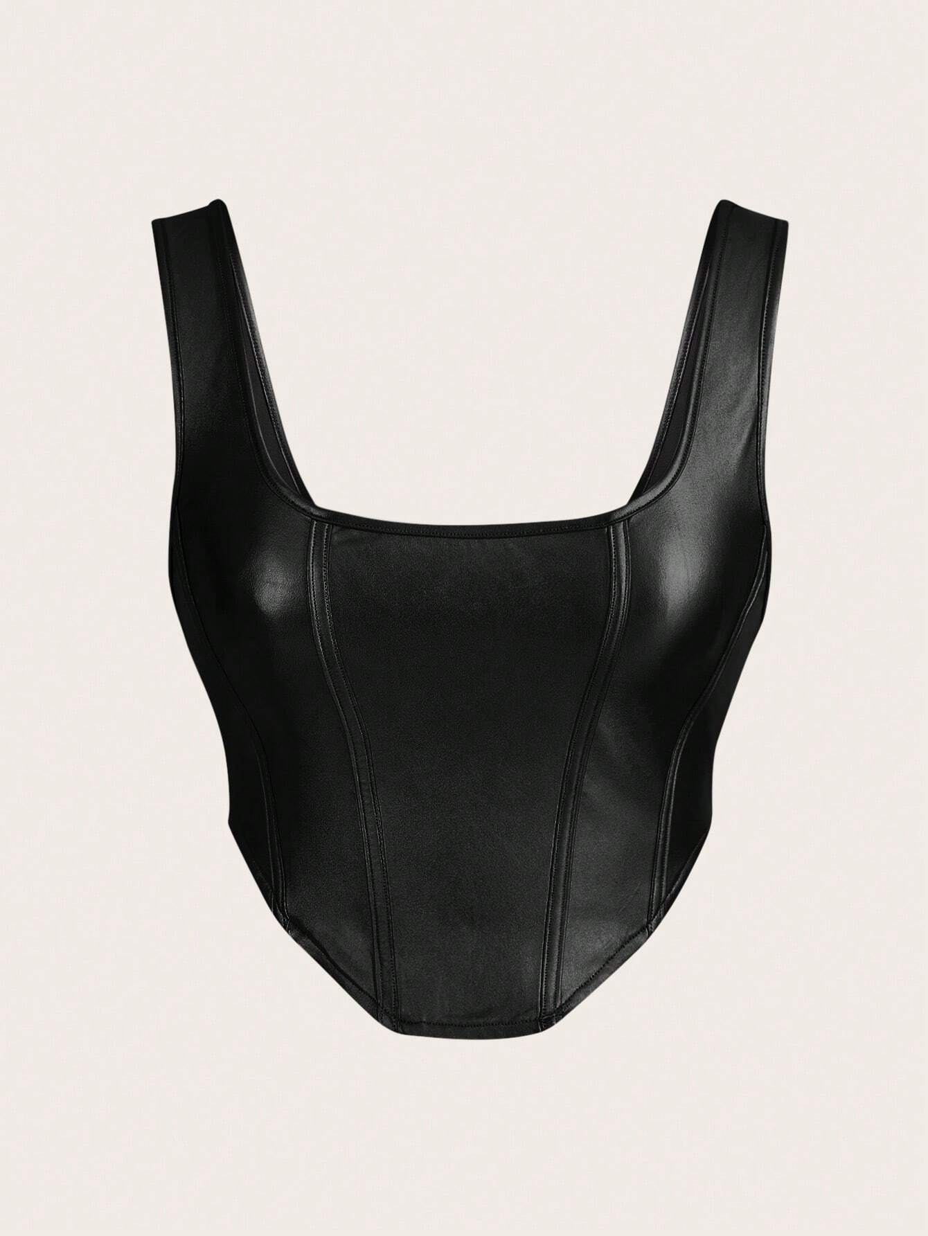 ICON Solid Asymmetrical Hem PU Leather Tank Silver Top - Image 7