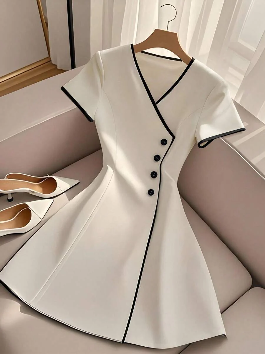 INAWLY Elegant & Fashionable Color Block V-Neck Cinching Waist A-Line Short Dress For Women