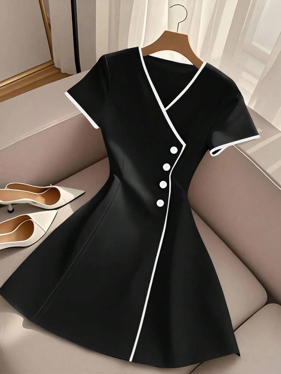 INAWLY Elegant & Fashionable Color Block V-Neck Cinching Waist A-Line Short Dress For Women - Image 6