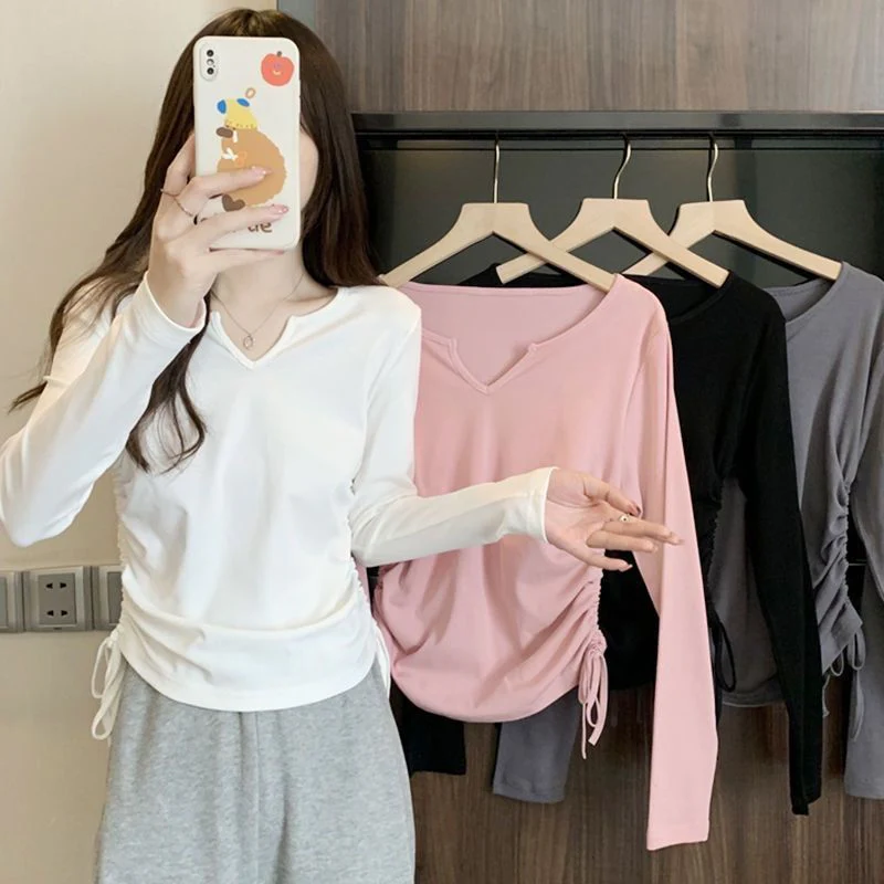 Inner wear design drawstring v-neck straight shoulder T-shirt