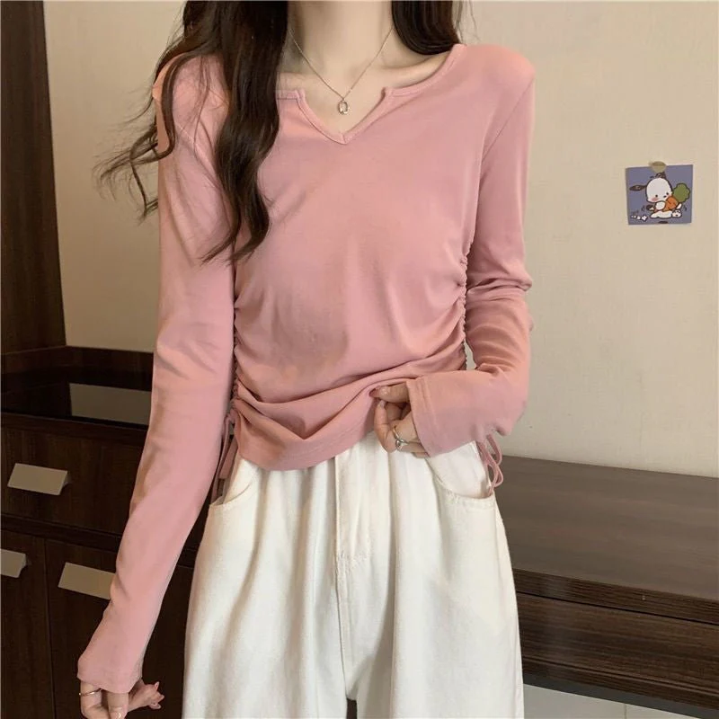 Inner wear design drawstring v-neck straight shoulder T-shirt - Image 2