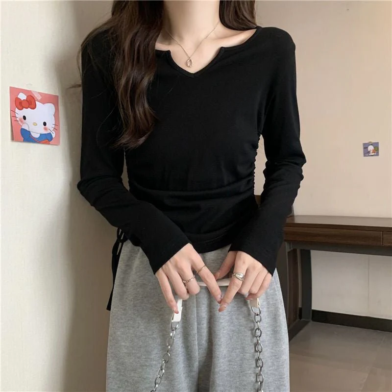 Inner wear design drawstring v-neck straight shoulder T-shirt - Image 3