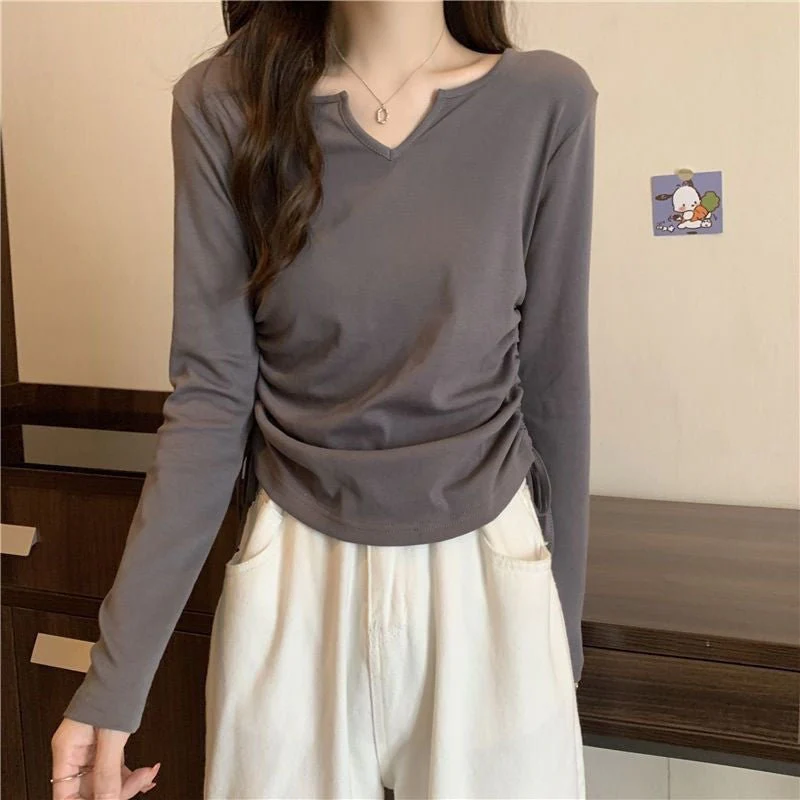 Inner wear design drawstring v-neck straight shoulder T-shirt - Image 4