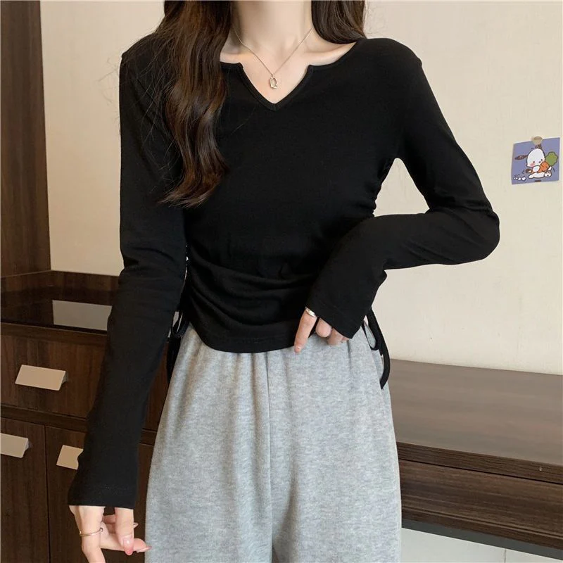 Inner wear design drawstring v-neck straight shoulder T-shirt - Image 6