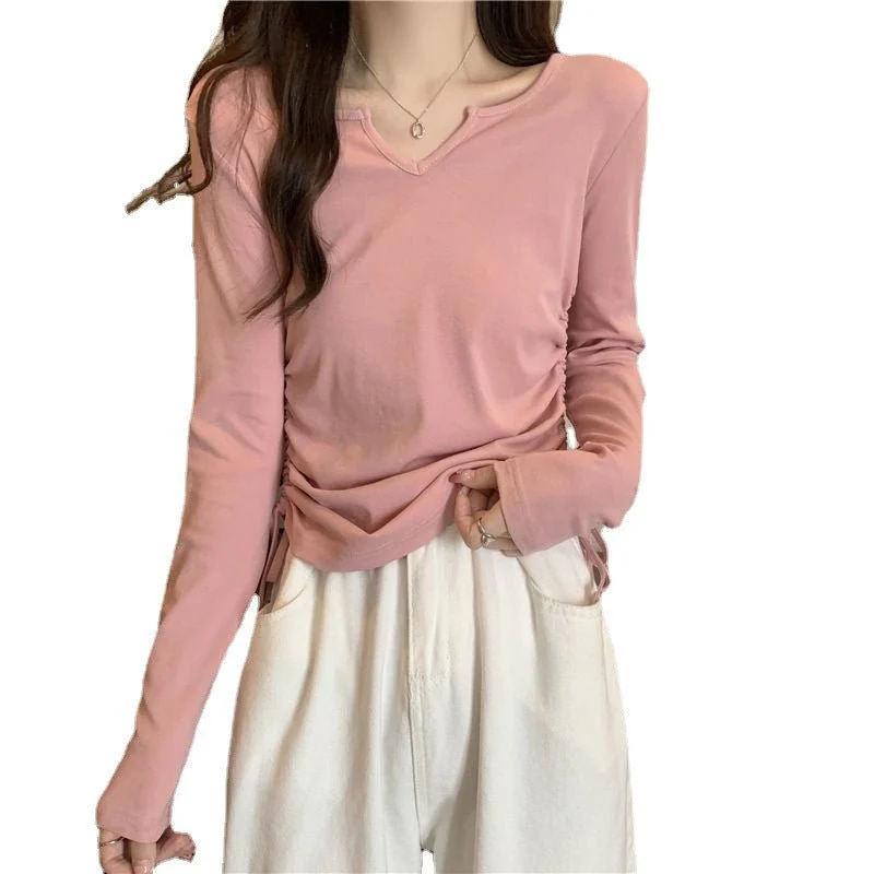 Inner wear design drawstring v-neck straight shoulder T-shirt - Image 8