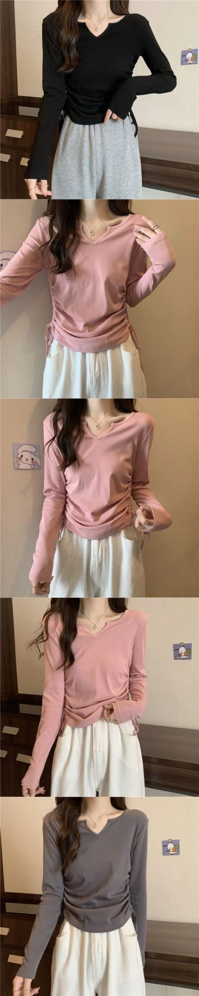 Inner wear design drawstring v-neck straight shoulder T-shirt - Image 9