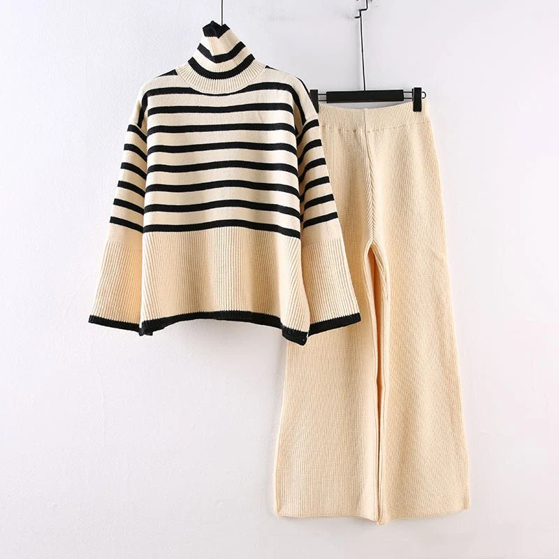Japanese & Korean 2-Piece Pants Suit | V-Neck Cardigan + Straight-Leg Trousers | Solid & Striped/ Plaid Variants FD