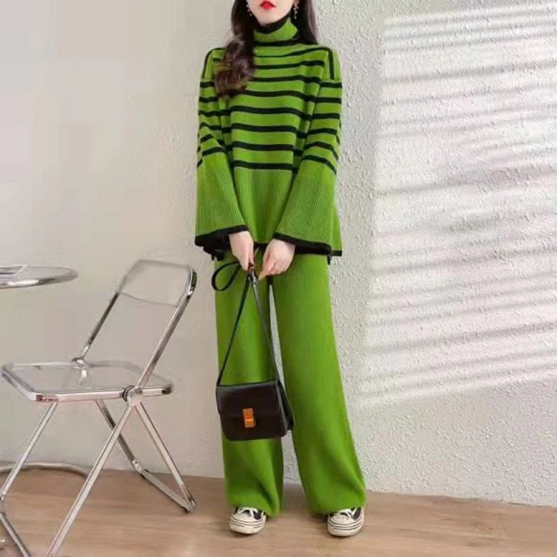 Japanese & Korean 2-Piece Pants Suit | V-Neck Cardigan + Straight-Leg Trousers | Solid & Striped/ Plaid Variants FD - Image 6