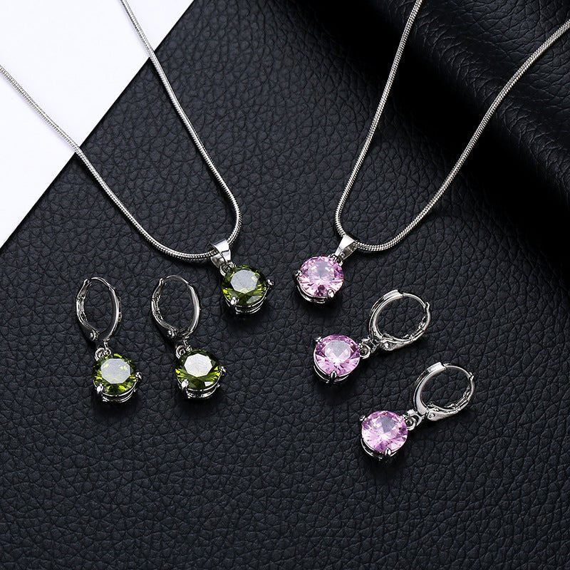 Jewelry combination necklace earrings set round multi-color zircon pendant