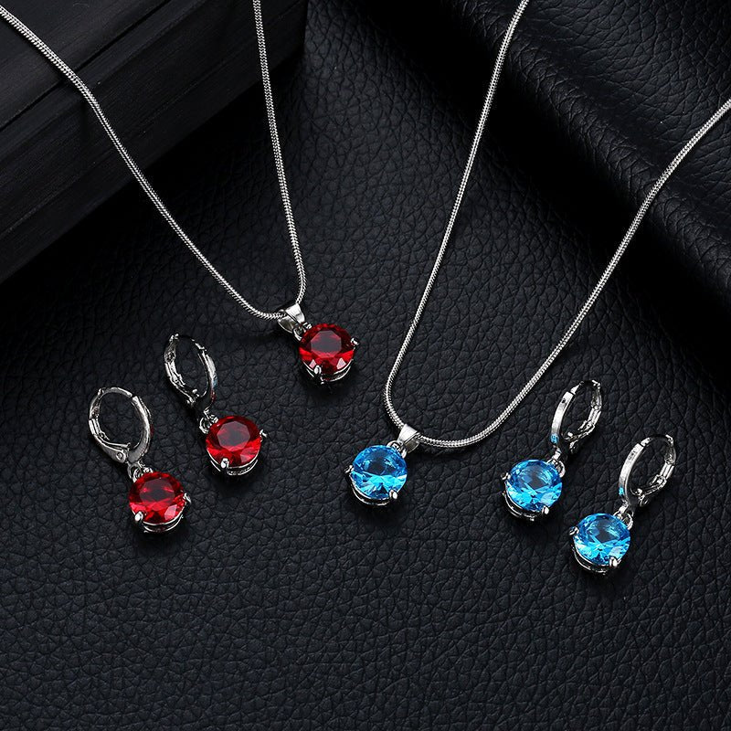 Jewelry combination necklace earrings set round multi-color zircon pendant - Image 10