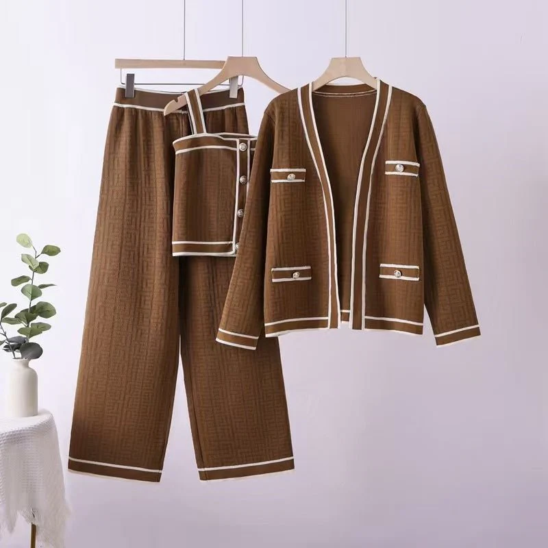Knitted Cardigan Vest Wide Leg Pants Three-piece Set - Image 2
