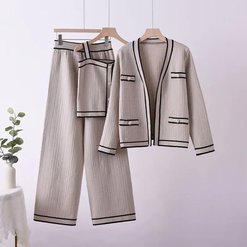 Knitted Cardigan Vest Wide Leg Pants Three-piece Set - Image 3