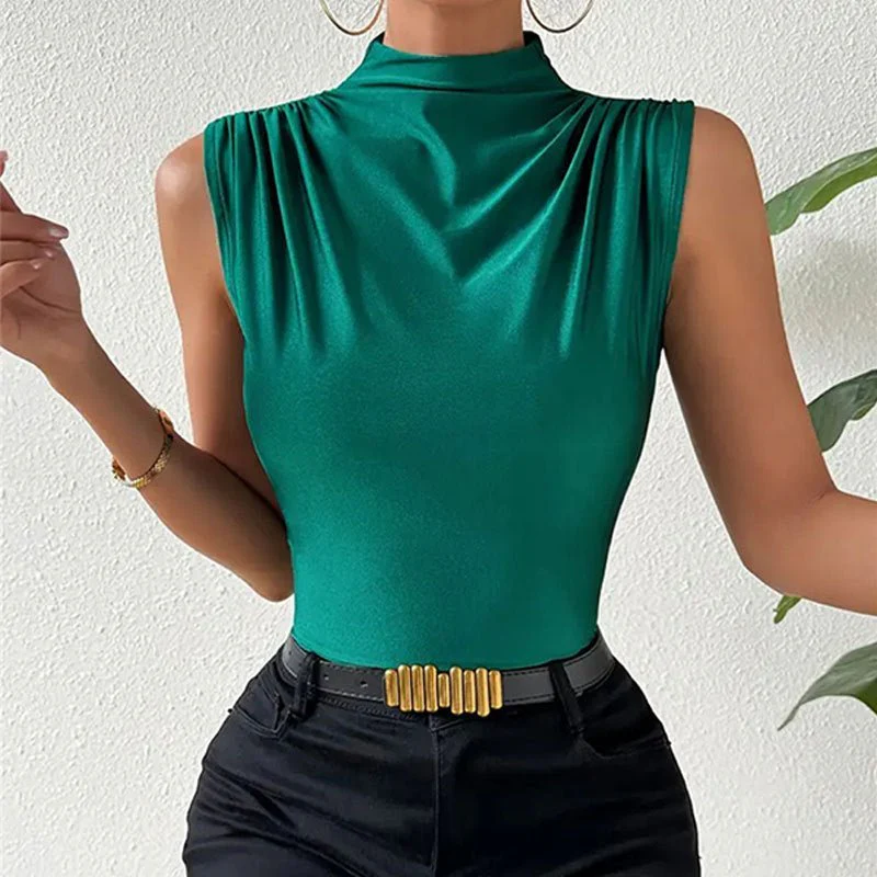 Knitted elastic collar sleeveless tops women solid color slim fit t-shirt - Image 12
