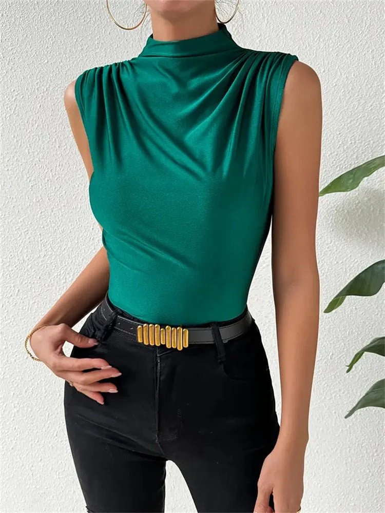 Knitted elastic collar sleeveless tops women solid color slim fit t-shirt - Image 3
